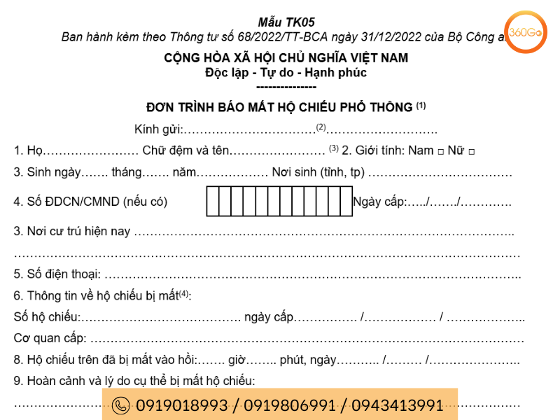 Mẫu đơn trình báo mất hộ chiếu - Du lịch 360go